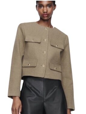 NEW Zara Olive Tan Tweed Gold Button Flap Pocket Cropped Blazer Jacket - XL